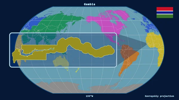 Přiblížený Pohled Gambii Perspektivními Liniemi Proti Globální Mapě Projekci Kavrayskiy — Stock fotografie