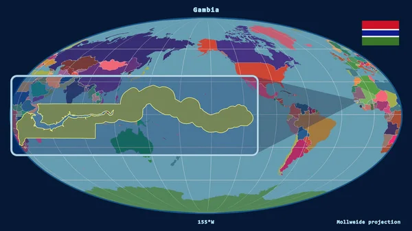 Přiblížený Pohled Gambii Perspektivními Liniemi Proti Globální Mapě Mollweidově Projekci — Stock fotografie
