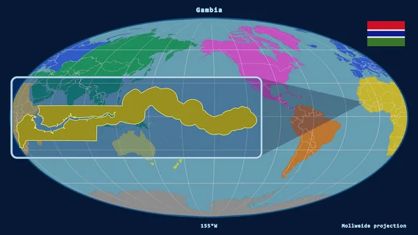 Vista Ampliada Gâmbia Delinear Com Linhas Perspectiva Contra Mapa Global — Fotografia de Stock
