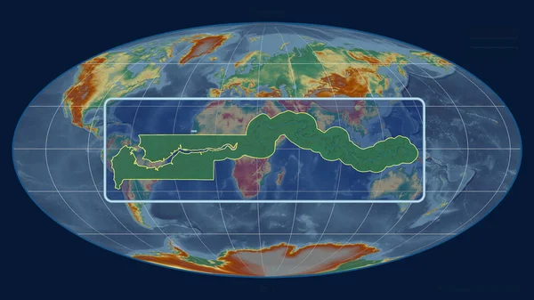 Zoomed-in view of Gambia outline with perspective lines against a global map in the Mollweide projection. Shape centered. topographic relief map