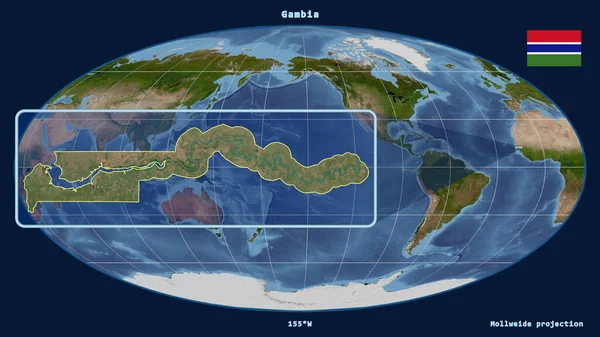 Přiblížený Pohled Gambii Perspektivními Liniemi Proti Globální Mapě Mollweidově Projekci — Stock fotografie
