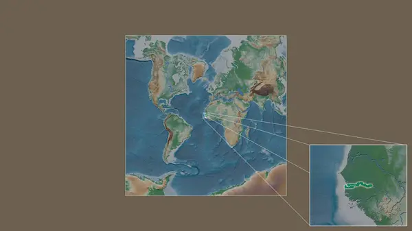 世界の大規模な地図から抽出されたガンビアの拡大拡大領域と フレームの隅を結ぶ主要線 地図の色 — ストック写真