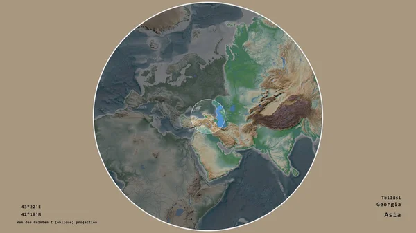 格鲁吉亚的一个地区 在该大陆的大比例尺地图上有一个圆圈 在绝望的背景下孤立起来 大写的地理推论和名称 彩色物理图 — 图库照片