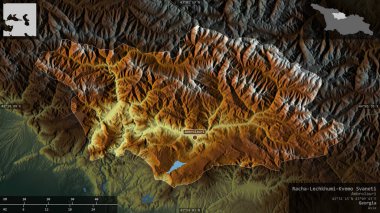 Racha-Lechkhumi-Kvemo Svaneti, Gürcistan bölgesi. Göller ve nehirlerle renkli rahatlama. Ülke alanına karşı bilgilendirici örtülerle sunulan şekil. 3B görüntüleme