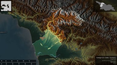 Samegrelo-Zemo Svaneti, Gürcistan bölgesi. Göller ve nehirlerle renkli rahatlama. Ülke alanına karşı bilgilendirici örtülerle sunulan şekil. 3B görüntüleme