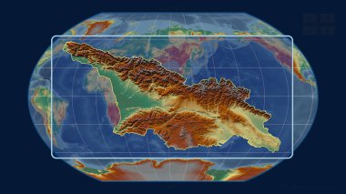Kavrayskiy projeksiyonundaki küresel bir haritaya karşı perspektif çizgileriyle Gürcistan 'a odaklanmış. Şekil merkezli. topografik yardım haritası
