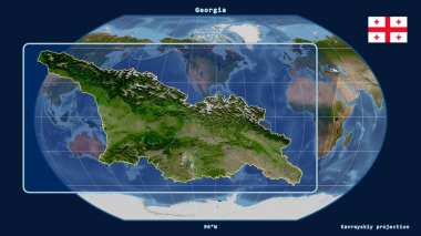 Kavrayskiy projeksiyonundaki küresel bir haritaya karşı perspektif çizgileriyle Gürcistan 'a odaklanmış. Sol tarafta bir şekil var. uydu resimleri