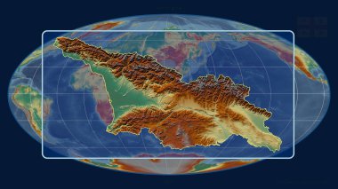 Mollweide projeksiyonundaki küresel bir haritaya karşı Gürcistan 'ın perspektif çizgileriyle yakınlaştırılmış hali. Şekil merkezli. topografik yardım haritası