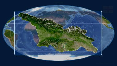 Mollweide projeksiyonundaki küresel bir haritaya karşı Gürcistan 'ın perspektif çizgileriyle yakınlaştırılmış hali. Şekil merkezli. uydu resimleri