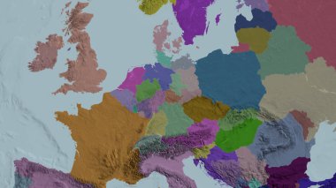 Almanya yakınlaştı ve yakınlaştı. İdari bölümün renkli ve çarpık haritası. 3B görüntüleme