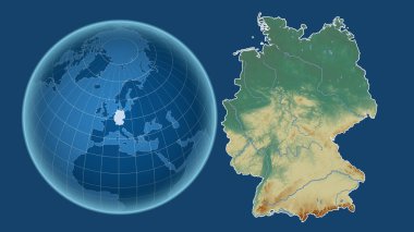 Almanya. Yakınlaştırılmış haritaya karşı ülkenin şekline sahip dünya mavi arka planda izole edilmiş. topografik yardım haritası