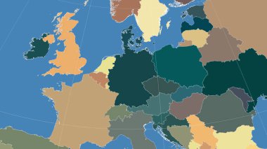 Almanya ve komşuları. Uzak eğimli perspektif - özet yok. idari bölümlerin renk haritası