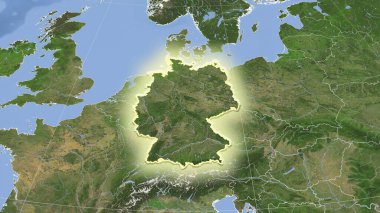 Germany and its neighborhood. Distant oblique perspective - shape glowed. satellite imagery clipart