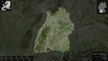 Baden-Wurttemberg, Almanya Eyaleti. Uydu görüntüleri. Ülke alanına karşı bilgilendirici örtülerle sunulan şekil. 3B görüntüleme