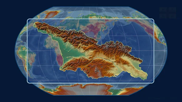 グルジアのアウトラインを視野線で拡大し カヴァライスキー予測の世界地図に対して 形を中心に 地形図によると — ストック写真