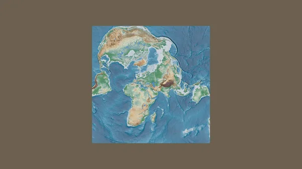 Square frame of the large-scale map of the world in an oblique Van der Grinten projection centered on the territory of Georgia. Color physical map