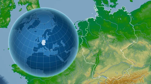 与缩放地图及其轮廓相对照的国家形状的球体 彩色物理图 — 图库照片