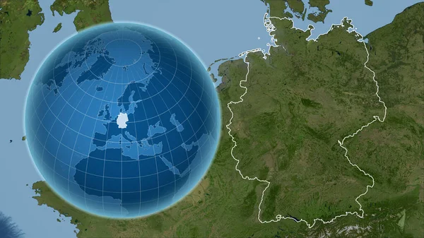 Germany. Globe with the shape of the country against zoomed map with its outline. satellite imagery
