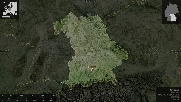 德国巴伐利亚州卫星图像 以信息覆盖的形式呈现在其国家区域上 3D渲染 — 图库照片