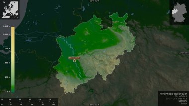 Nordrhein-Westfalen, state of Germany. Colored shader data with lakes and rivers. Shape presented against its country area with informative overlays. 3D rendering clipart