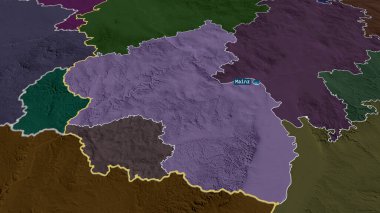 Rheinland-Pfalz - Almanya devleti büyüyüp sermaye ile vurgulandı. İdari bölümün renkli ve çarpık haritası. 3B görüntüleme