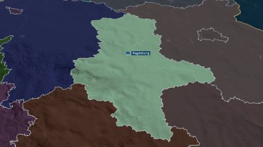 Sachsen-Anhalt - Almanya devleti büyümüş ve sermaye ile vurgulanmıştır. İdari bölümün renkli ve çarpık haritası. 3B görüntüleme