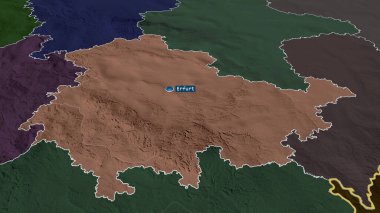 Thuringen - Almanya devleti büyüyüp sermaye ile vurgulandı. İdari bölümün renkli ve çarpık haritası. 3B görüntüleme