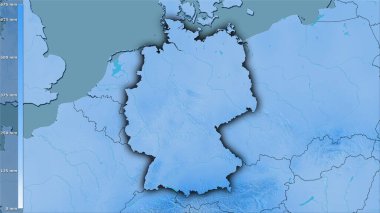 Almanya bölgesinin en sıcak çeyreğinin efsanevi stereografik projeksiyonla yağışı - koyu parlak dış hatlı raster tabakalarının ham bileşimi