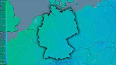 Efsanevi stereografik projeksiyonda Almanya 'daki en soğuk ayın en düşük sıcaklığı - koyu parlak dış hatlı raster tabakalarının ham bileşimi