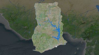 Gana 'nın vurgulanmış bölgesi, semtinin doyumsuz haritasında sermaye noktası ile vurgulanıyor. Uydu görüntüleri