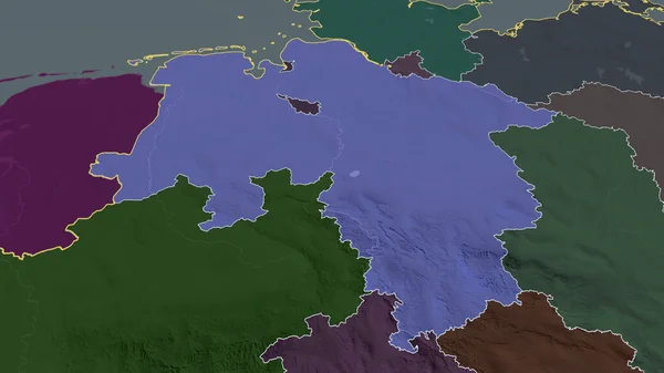 Niedersachsen - state of Germany zoomed and highlighted. Colored and bumped map of the administrative division. 3D rendering