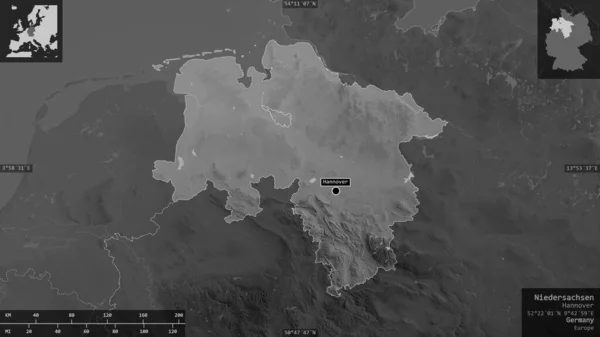Niedersachsen Stan Niemcy Mapa Szarości Jeziorami Rzekami Kształt Przedstawiony Swoim — Zdjęcie stockowe