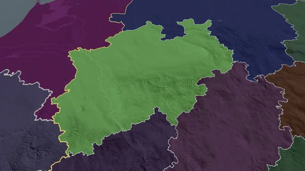 Nordrhein-Westfalen - state of Germany zoomed and highlighted. Colored and bumped map of the administrative division. 3D rendering