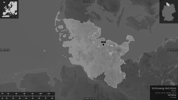 Schleswig Holstein Estado Alemania Mapa Escala Grises Con Lagos Ríos —  Fotos de Stock