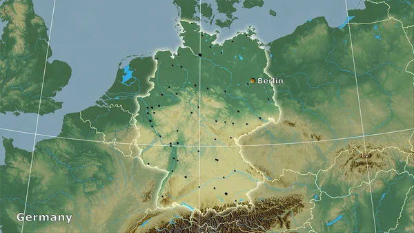 Deutschland Gebiet Auf Der Topographischen Reliefkarte Der Stereographischen Projektion Hauptkomposition — Stockfoto