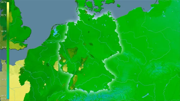 Mean Temperature Warmest Quarter Germany Area Stereographic Projection Legend Raw — Stock Photo, Image