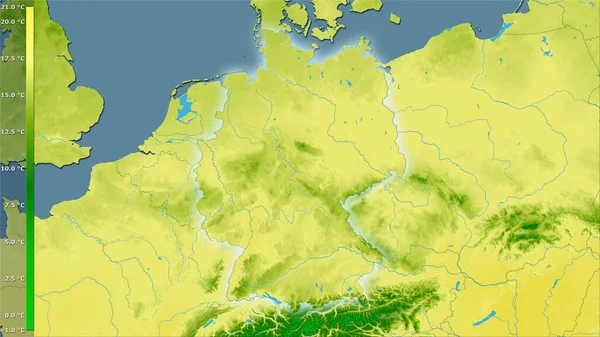 德国区域内立体投影中最暖四分之一的平均温度 具有发光轮廓的光栅层的原始成分 — 图库照片