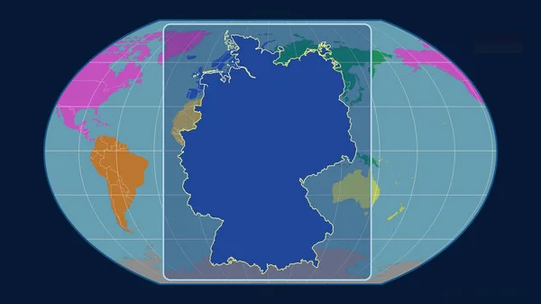 ドイツのアウトラインを視野に入れ 世界地図に対する視点線をカヴァライスキー投影で拡大した 形を中心に 大陸のカラーマップ — ストック写真