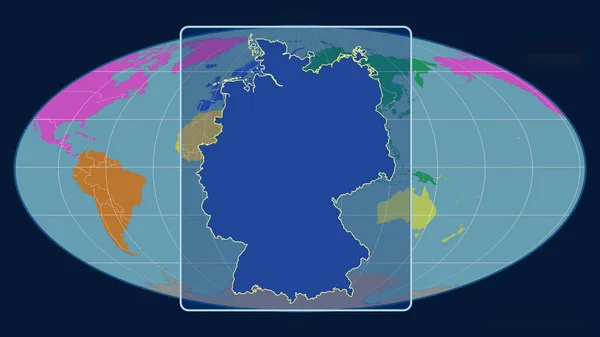 ドイツのアウトラインを視野線で拡大し Mollweide予測の世界地図に対して 形を中心に 大陸のカラーマップ — ストック写真