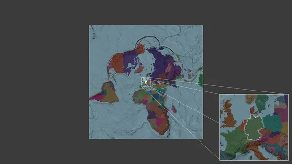 从世界大比例尺地图中提取出的德国扩大和扩大的区域 其引线连接了框架的各个角落 行政区划的彩色地图 — 图库照片
