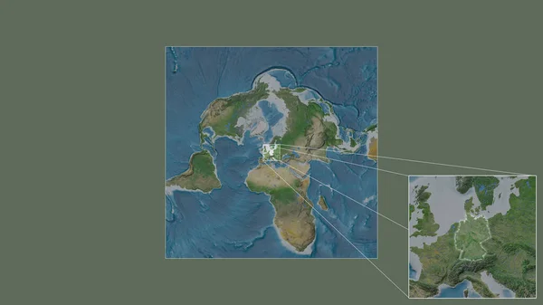 从世界大比例尺地图中提取出的德国扩大和扩大的区域 其引线连接了框架的各个角落 卫星图像 — 图库照片
