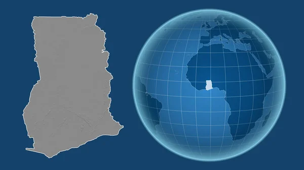 Ghana. Globe with the shape of the country against zoomed map with its outline isolated on the blue background. grayscale elevation map