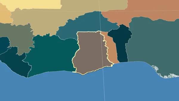 ガーナとその周辺 輪郭形状 行政区画のカラーマップ — ストック写真