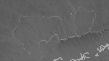Yukarı Doğu, Gana bölgesi. Gölleri ve nehirleri olan gri tonlu bir harita. Ülke alanına göre şekillendirilmiş. 3B görüntüleme