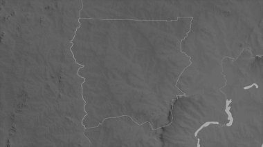 Yukarı Batı, Gana bölgesi. Gölleri ve nehirleri olan gri tonlu bir harita. Ülke alanına göre şekillendirilmiş. 3B görüntüleme