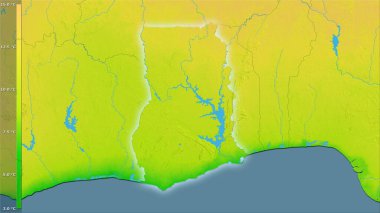 Efsanevi stereografik projeksiyondaki Gana bölgesindeki ortalama diurnal sıcaklık değişkeni - ışık parlayan ana hatlı raster tabakalarının ham bileşimi