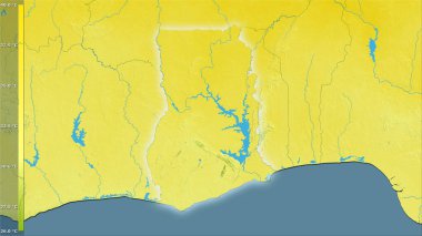 Efsanevi stereografik projeksiyonda Gana bölgesindeki en sıcak ayın en yüksek sıcaklığı - ışık saçan dış hatlı raster tabakalarının ham bileşimi