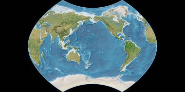 Ginzburg IX projeksiyonundaki dünya haritası 170 Batı boylamı üzerine kuruludur. Uydu görüntüsü B - Raster 'ın nadide ve memnuniyet verici bileşimi. 3B illüstrasyon