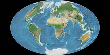 Gott Equal-Area projeksiyonundaki dünya haritası 11 Doğu boylamı üzerine kuruludur. Uydu görüntüleri A - Raster 'ın nadide bileşimi. 3B illüstrasyon