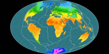 Gott Equal-Area projeksiyonundaki dünya haritası 11 Doğu boylamı üzerine kuruludur. Ortalama yıllık sıcaklık haritası - gratikül ve tektonik levhalar kenarlı raster bileşimi. 3B illüstrasyon